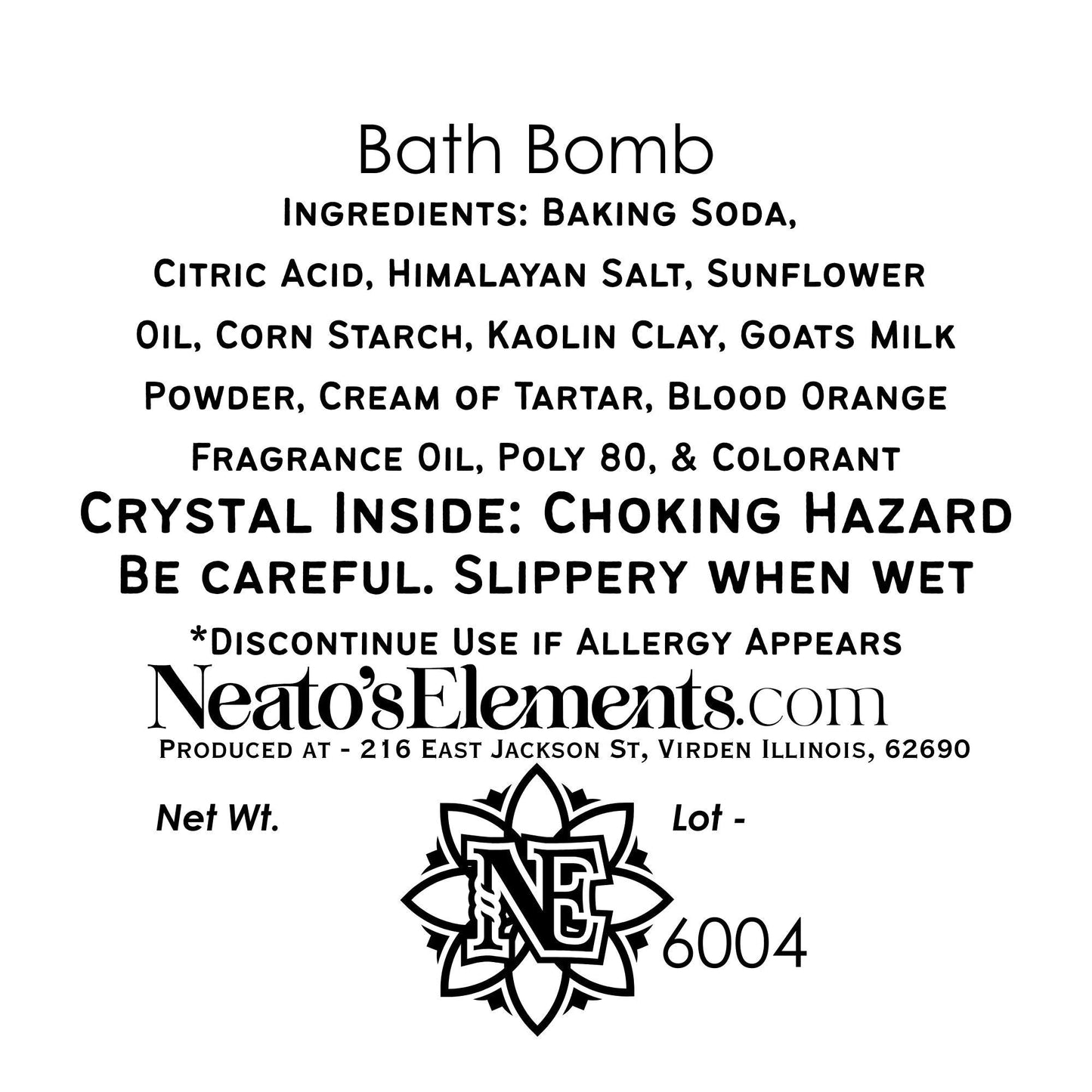 Neatos Elements Orange you Magnificent bath bomb with blood orange fragrance and hidden crystal. Ingredients include baking soda, citric acid, sunflower oil, and goat's milk.