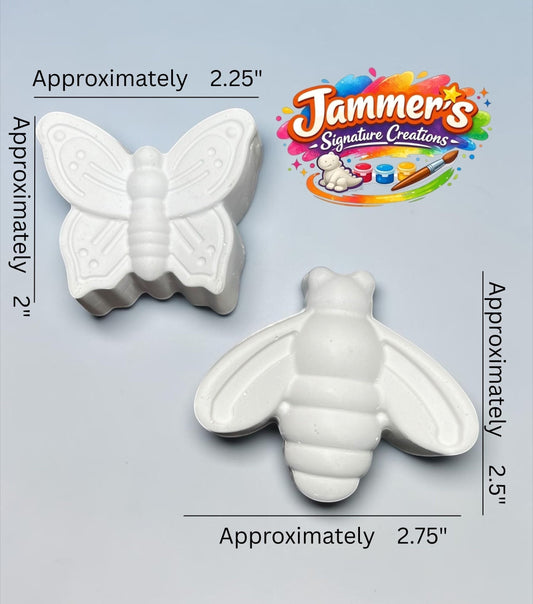 Neatos Elements white plaster butterfly and bee figurines for painting. Butterfly is 2.25" wide, bee is 2.75" wide.