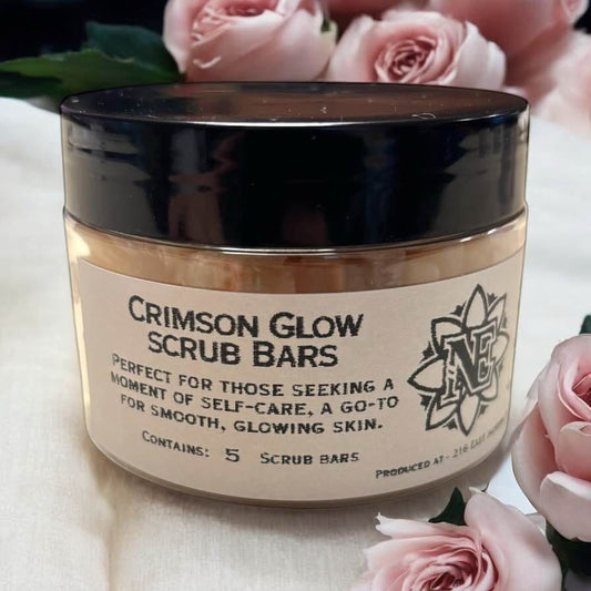 Neatos Elements Crimson Glow Scrub Bars 5-pack jar with pomegranate scent, sugar, Himalayan salt, and nourishing oils for glowing skin.