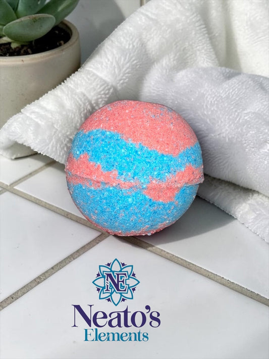 Neatos Elements Heartbreaker bath bomb, pink and blue swirls, with hidden crystal,