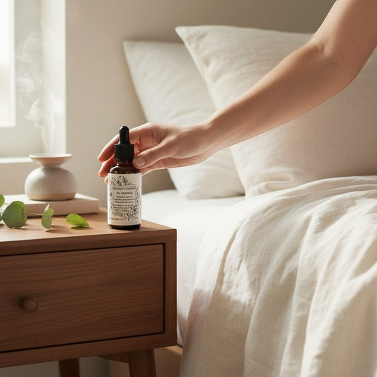 Neatos Elements Nature's Asprin herbal oil dropper bottle on a nightstand, 2 oz.