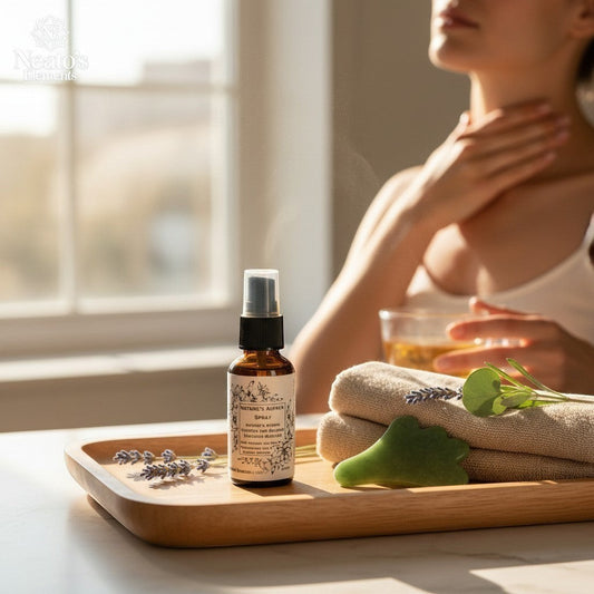 Neatos Elements Nature's Asprin Herbal Spray bottle on a wooden tray with towels and lavender. Fast-absorbing herbal infusion.