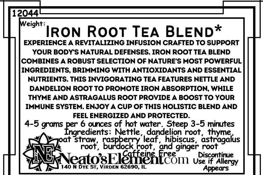 Neatos Elements Iron Root Tea Blend, a caffeine-free herbal tea with nettle, dandelion root, thyme, oat straw, raspberry leaf, hibiscus, astragalus root, burdock root, and ginger.
