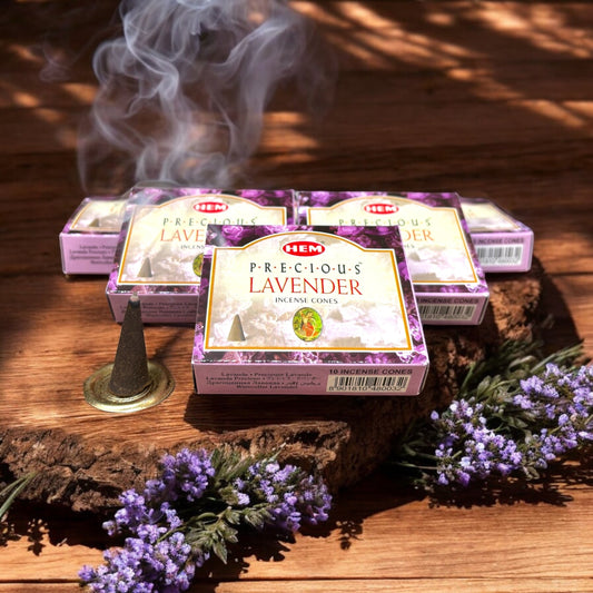 Neatos Elements Precious Lavender incense cones, 10 cones per pack, with smoke rising from one cone.