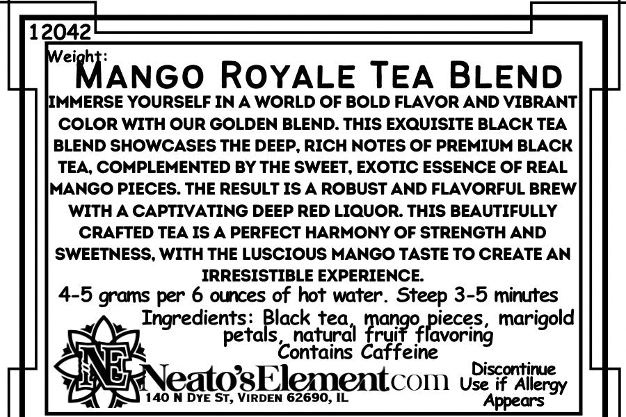 Neatos Elements Mango Royale Tea Blend loose leaf tea with mango pieces and marigold petals. Deep red liquor.
