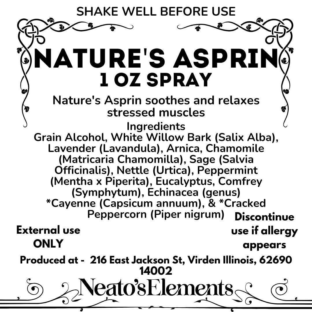 Neatos Elements Nature's Aspirin 1 oz herbal spray with Arnica, White Willow Bark, Cayenne, and Black Pepper for muscle relief.
