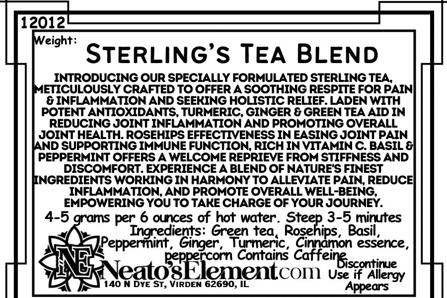 Neatos Elements Sterling's Tea Blend loose leaf tea with green tea, rosehips, basil, peppermint, ginger, turmeric, cinnamon, and peppercorn.