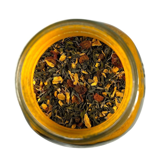 Neatos Elements Sterling's Tea Blend loose leaf tea with green tea, turmeric, ginger, rosehips, and peppermint.