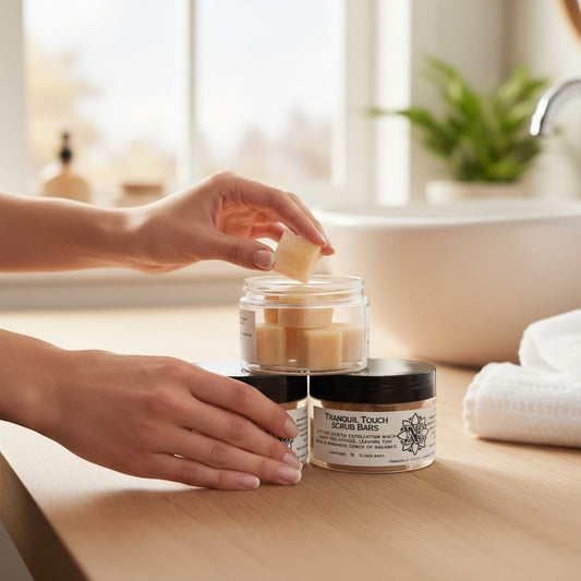 Neatos Elements Tranquil Touch Scrub Bars in a jar, a hand picks one out. Exfoliating and hydrating.
