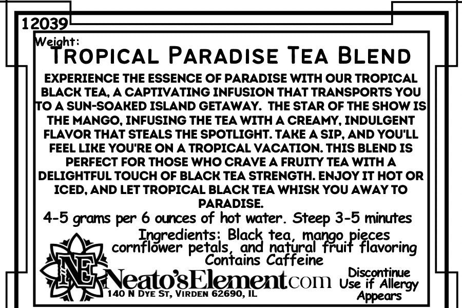 Neatos Elements Tropical Paradise Tea Blend loose leaf tea with mango and cornflower petals. Contains caffeine.