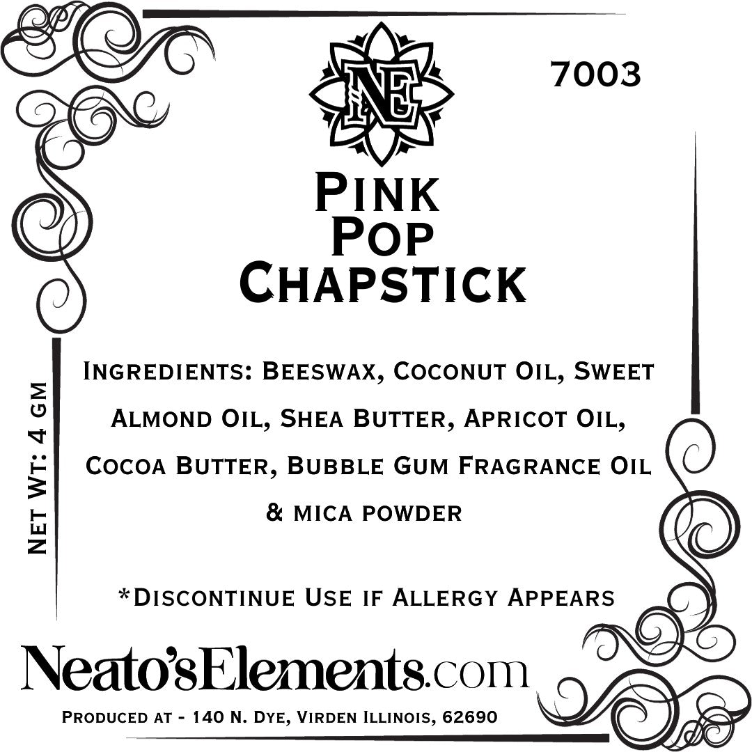Neato's Elements Pink Pop Chapstick with bubble gum flavor and nourishing ingredients for soft lips.