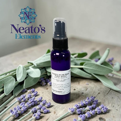 Neato's Elements Goddess of the Night aura spray, 2 oz, infused with Rainbow Moonstone, White Sage & Lavender fragrance.