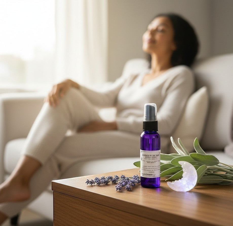 Neatos Elements Goddess of the Night aura spray in purple bottle with white sage and lavender. Woman relaxing in background.