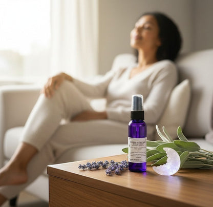 Neatos Elements Goddess of the Night aura spray in purple bottle with white sage and lavender. Woman relaxing in background.
