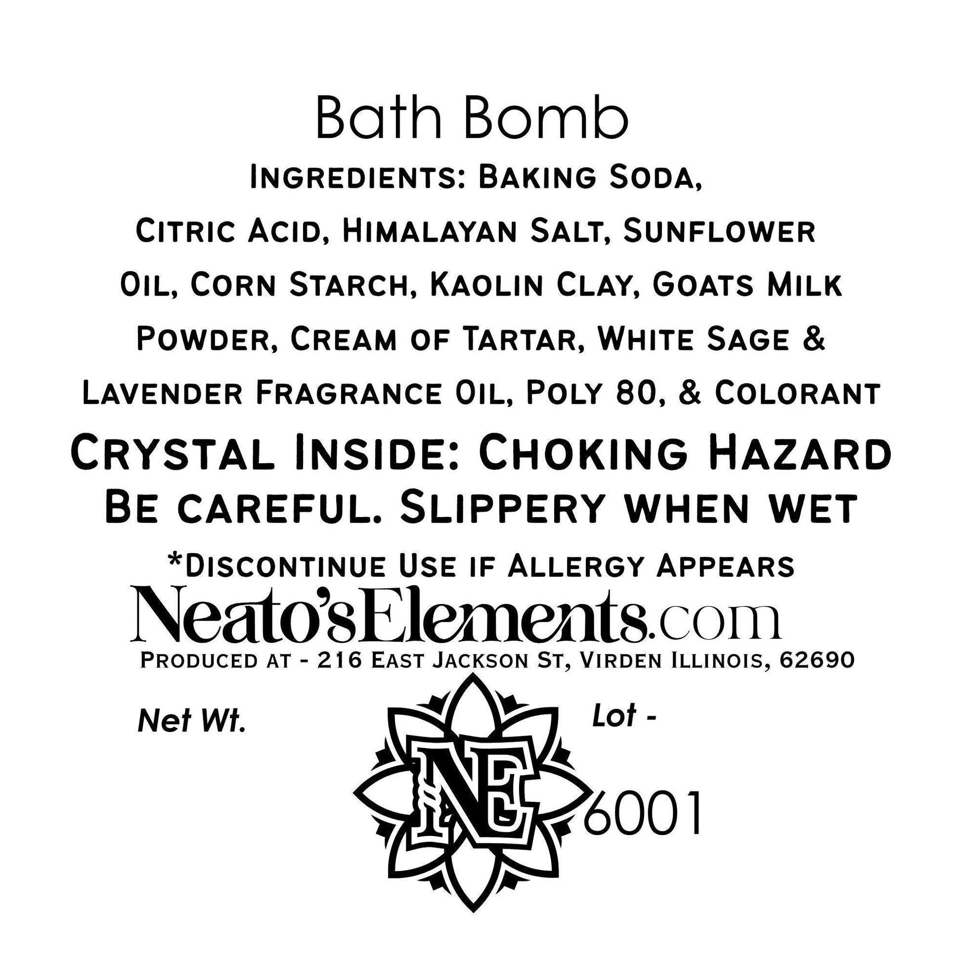 Neato's Elements Goddess of the Night Bath Bomb with crystal inside. Ingredients listed. Warning: Choking Hazard, Slippery When Wet.
