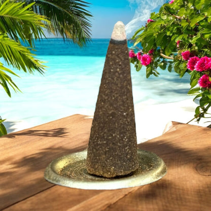 Neatos Elements Anti-Stress cone incense with a calming herbal aroma, burning on a golden holder with a tropical beach background.