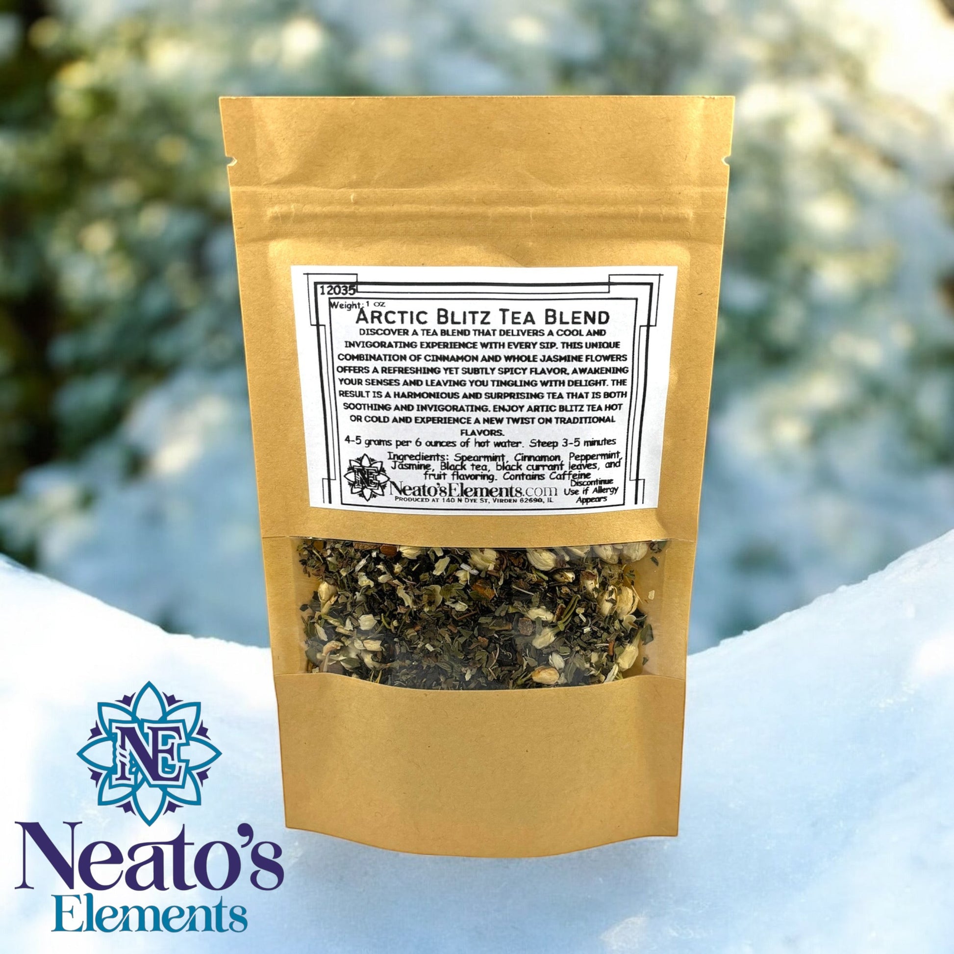Neato's Elements Arctic Blitz Tea Blend loose leaf tea with spearmint, cinnamon, peppermint, jasmine, black tea, black currant leaves, and fruit flavoring.