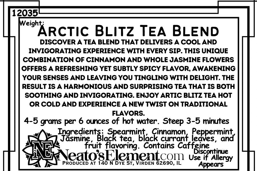 Neatos Elements Artic Blitz Tea Blend loose leaf tea with cinnamon, jasmine, spearmint, peppermint, black tea, and fruit flavoring.