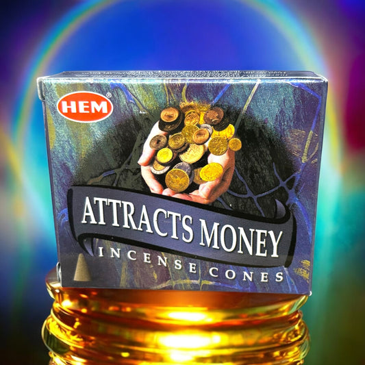 Neatos Elements Attracts Money Incense Cones with a hand holding gold coins, herbal scent to attract prosperity.