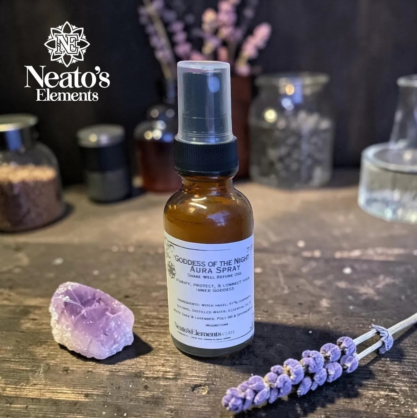 Neato's Elements Goddess of the Night aura spray with white sage & lavender, infused with rainbow moonstone.