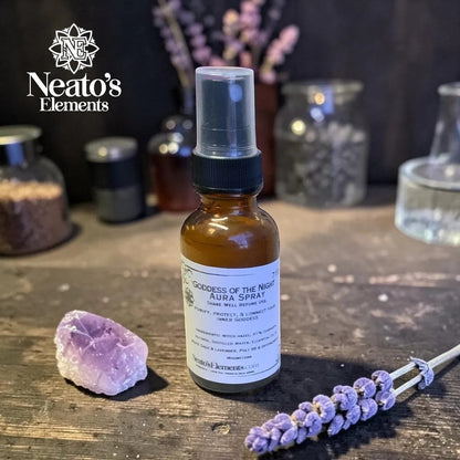Neato's Elements Goddess of the Night aura spray with white sage & lavender, infused with rainbow moonstone.