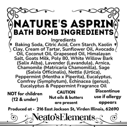 Neatos Elements Nature's Asprin Bath Bomb ingredients list with herbal blend, oils, and caution notes.