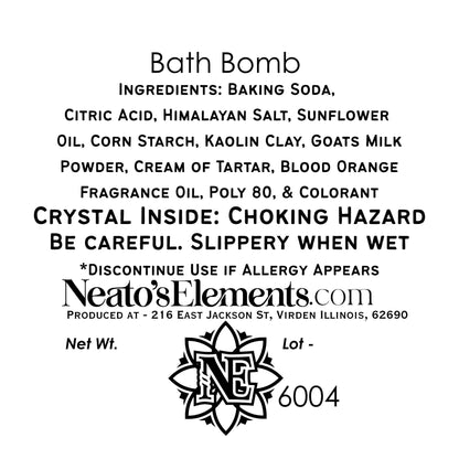 Neatos Elements Orange you Magnificent bath bomb with blood orange fragrance and hidden crystal. Ingredients include baking soda, citric acid, sunflower oil, and goat's milk.