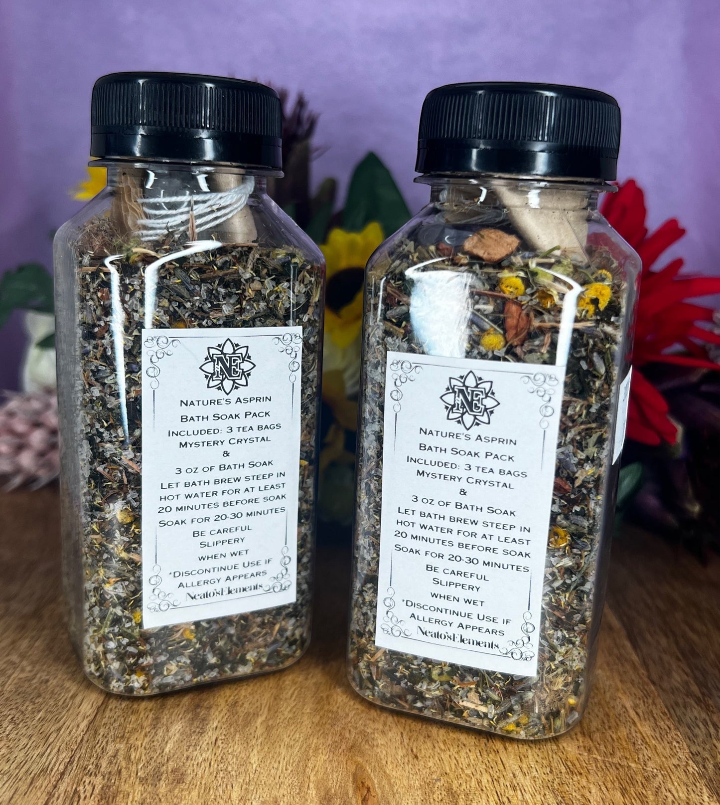 Neatos Elements Nature's Asprin Bath Brew herbal soak with Arnica, White Willow Bark, Epsom salt, Rosemary, and Peppermint.