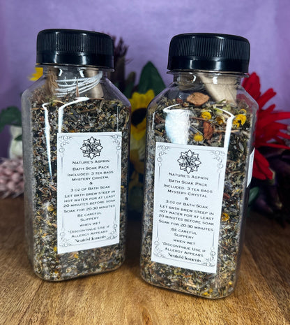 Neatos Elements Nature's Asprin Bath Brew herbal soak with Arnica, White Willow Bark, Epsom salt, Rosemary, and Peppermint.