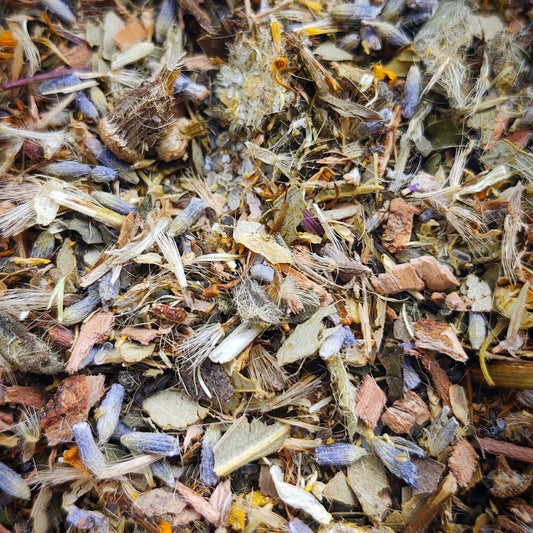 Neatos Elements Nature's Asprin Bath Brew, a blend of dried herbs including lavender, arnica, and white willow bark with Epsom salt.