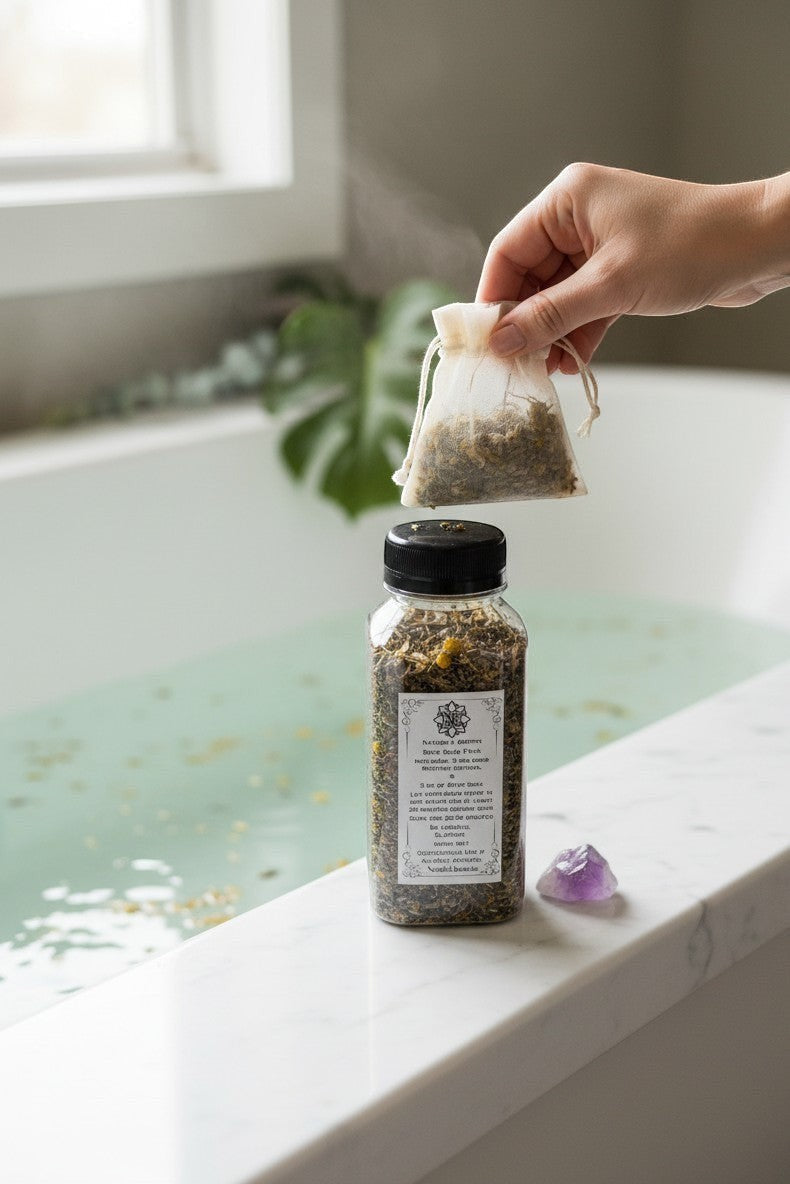 Neatos Elements Nature's Asprin Bath Brew herbal soak in a bottle with a tea bag being held above it.
