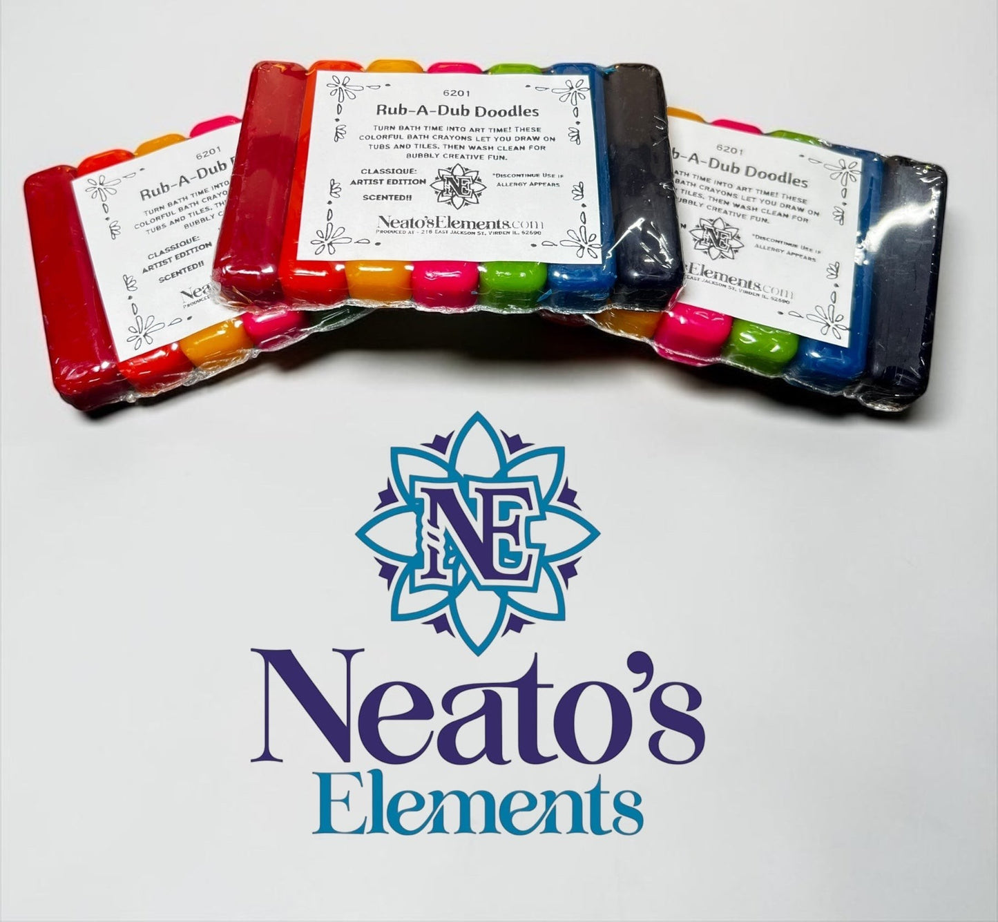 Neatos Elements Rub-A-Dub Doodles bath crayons in red, orange, yellow, hot pink, green, blue, and purple. Set of 7.