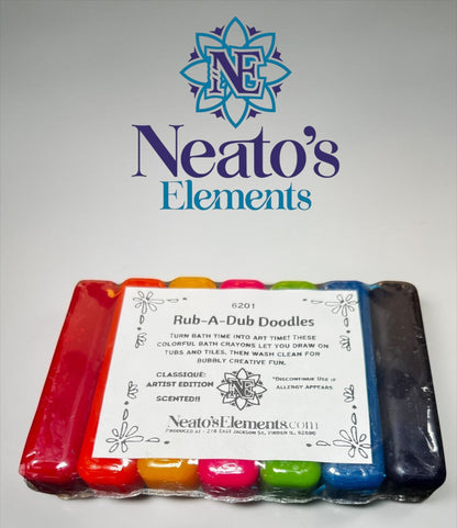 Neatos Elements Rub-A-Dub Doodles bath crayons in red, orange, yellow, hot pink, green, blue, and purple. Non-toxic, handmade.