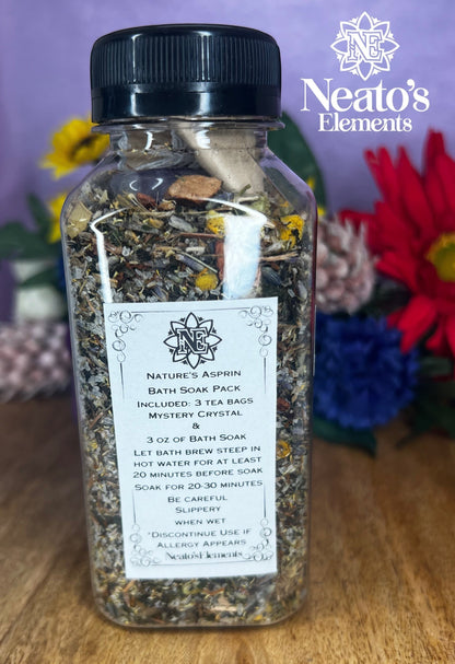 Neatos Elements Nature's Asprin Bath Soak Pack with herbs, salts, and oils for relaxation. Includes 3 oz soak and 3 tea bags.