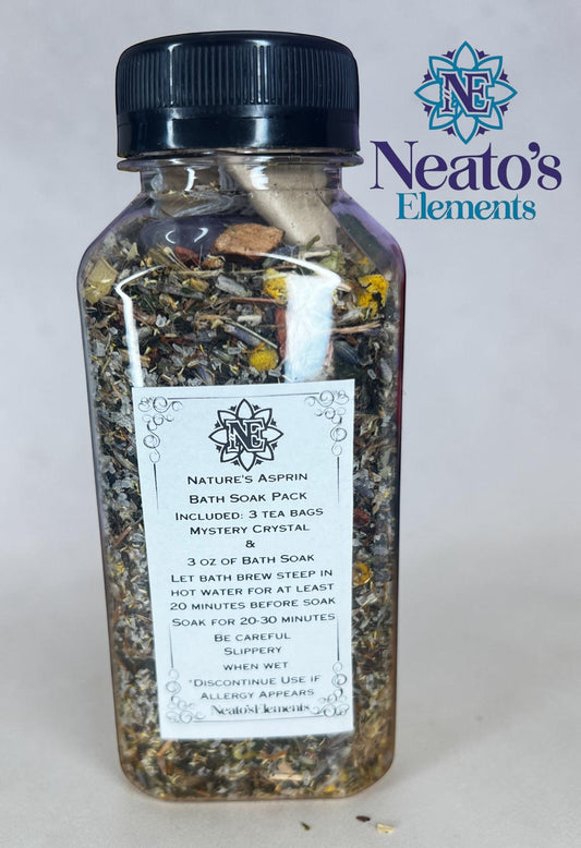 Neatos Elements Nature's Asprin Bath Soak Pack in a clear bottle with dried herbs, salts, and essential oils. Includes 3 tea bags and a mystery crystal.