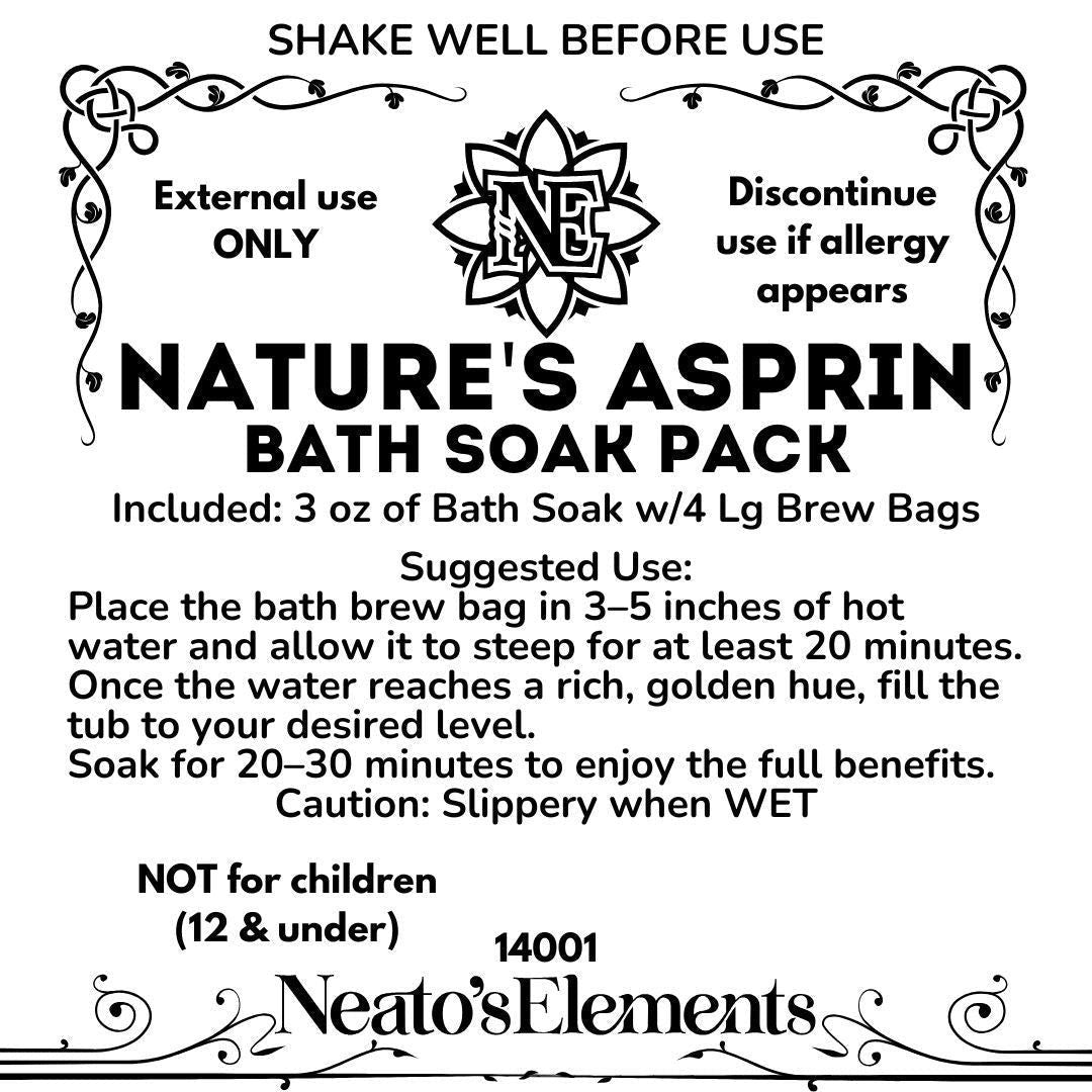 Neatos Elements Nature's Asprin Bath Soak Pack with herbal blend, salts, and oils for relaxation. Includes 3 oz soak and 4 brew bags.