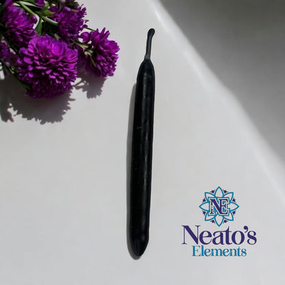 Neatos Elements hand-dipped black chime candle for protection, scrying, divination, and magic. Approximately 4.25" long.
