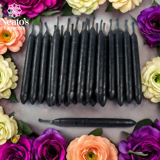 Neatos Elements hand-dipped black chime candles for protection, scrying, and divination. Set of 15.