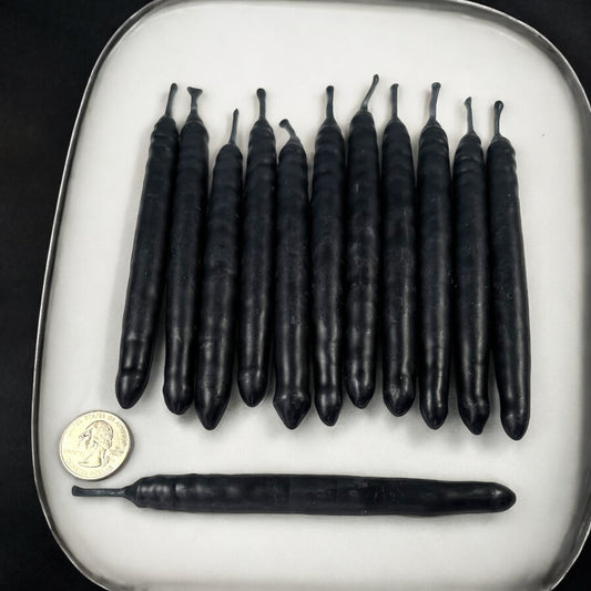 Neatos Elements hand-dipped black taper candles, approximately 5.25 inches long, ideal for scrying and divination.