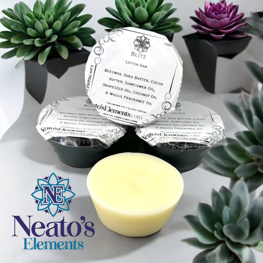 Neatos Elements Blitz Lotion Bar, solid yellow bar with beeswax, shea butter, cocoa butter, sunflower oil, grapeseed oil, coconut oil, and wassail fragrance oil.
