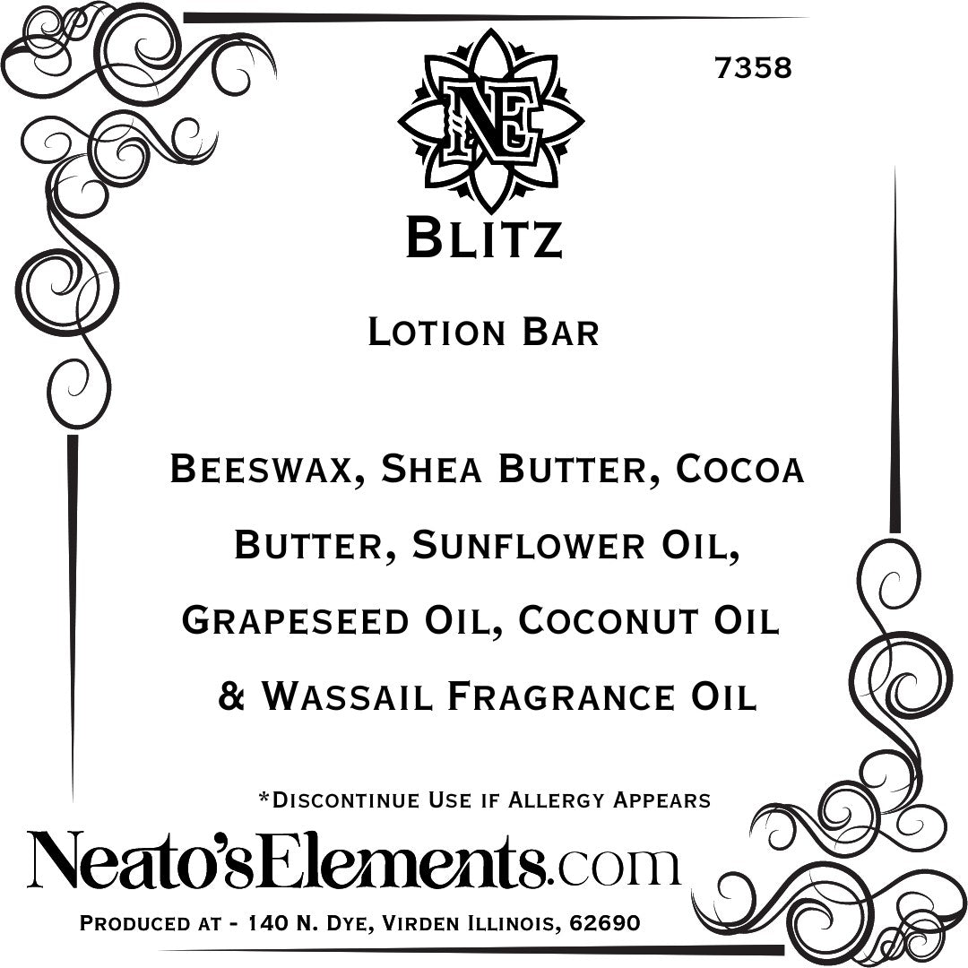 Neato's Elements Blitz solid lotion bar with beeswax, shea butter, cocoa butter, sunflower, grapeseed, and coconut oils.
