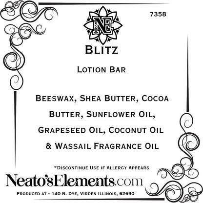 Neato's Elements Blitz solid lotion bar with beeswax, shea butter, cocoa butter, sunflower, grapeseed, and coconut oils.