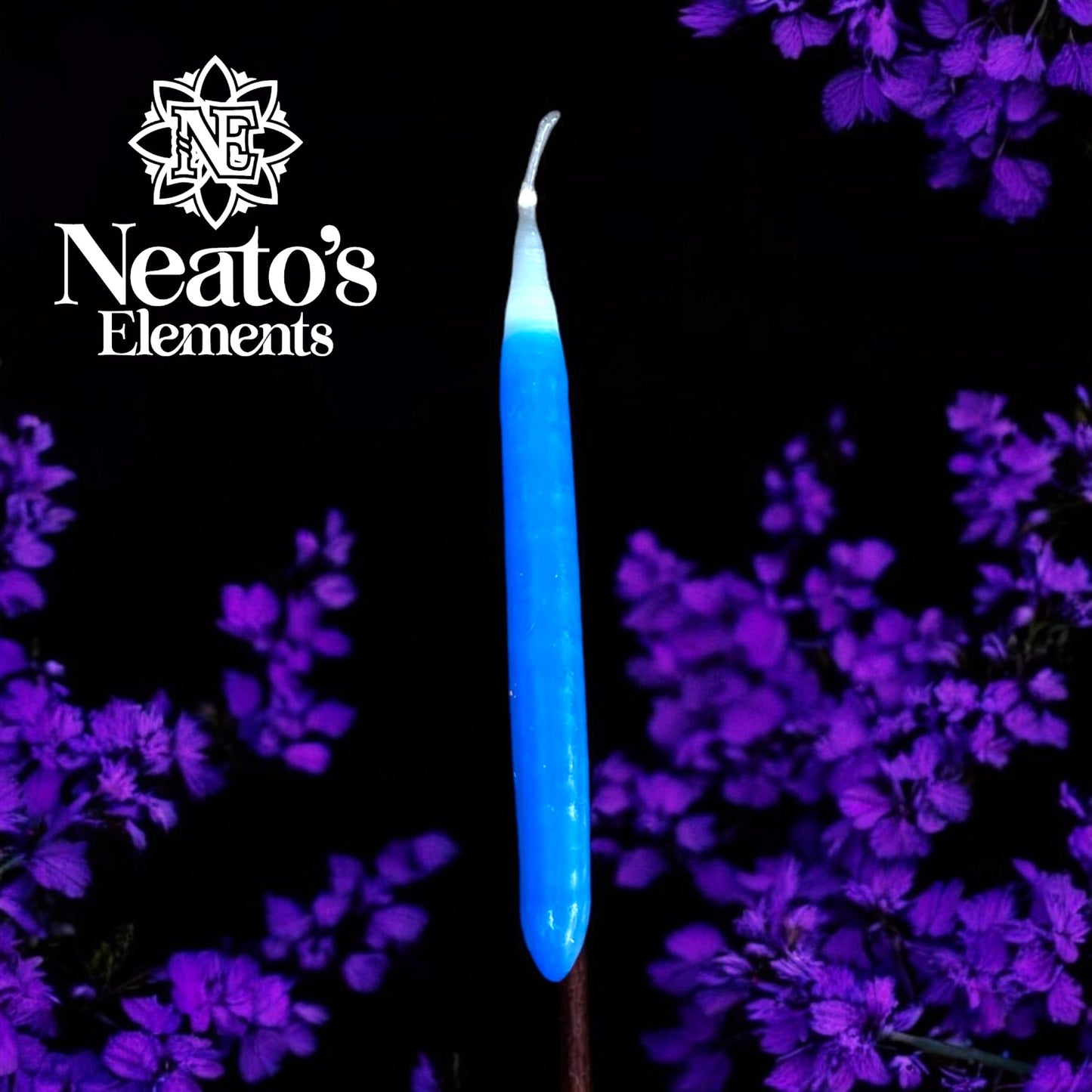 Neatos Elements blue paraffin taper candle with white tip, hand-dipped for protection and intention setting.