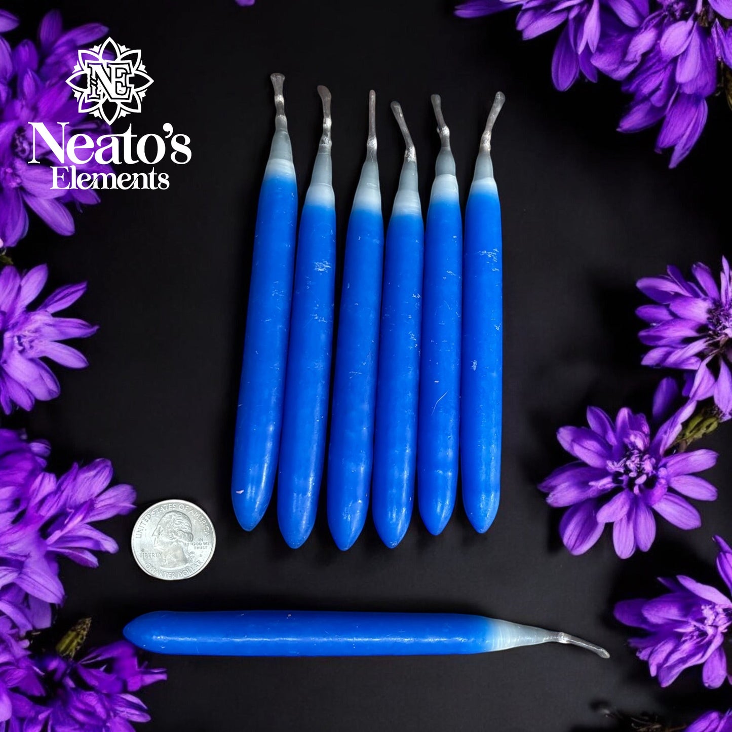 Neatos Elements blue paraffin taper candles for protection and intention work, hand-dipped and master charged.