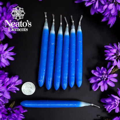 Neatos Elements blue paraffin taper candles for protection and intention work, hand-dipped and master charged.