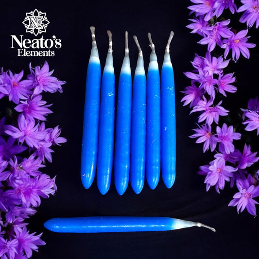 Neatos Elements blue paraffin taper candles for protection and intention work, hand-dipped and master charged.