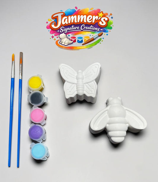 Neatos Elements Flutter & Buzz Crew Butterfly & Bee painting kit with two paint brushes, five paint pots, and two plaster figures.