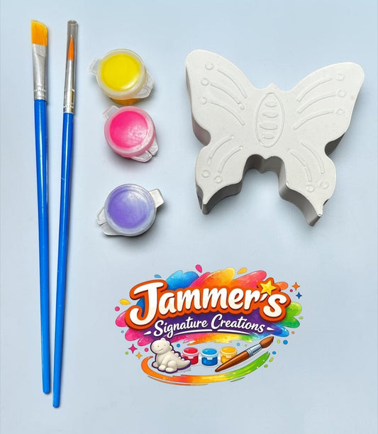 Neatos Elements Flutter & Buzz Crew Butterfly painting kit with plaster figure, 3 paint pots, and 2 brushes.