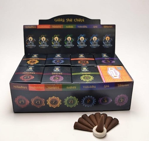 Neatos Elements Goloka Chakra cone incense display box with 7 chakra scents, includes 10 cones per box.