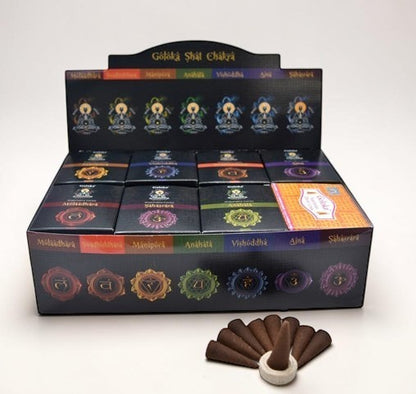 Neatos Elements Goloka Chakra cone incense display box with 7 chakra scents, includes 10 cones per box.
